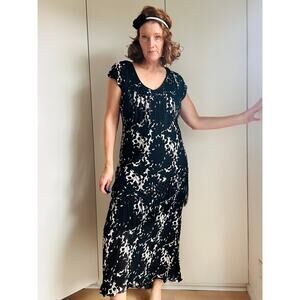 Vtg Y2K 90s Dress Size Medium Black Floral Print Fringe Witchy Whimsy Goth